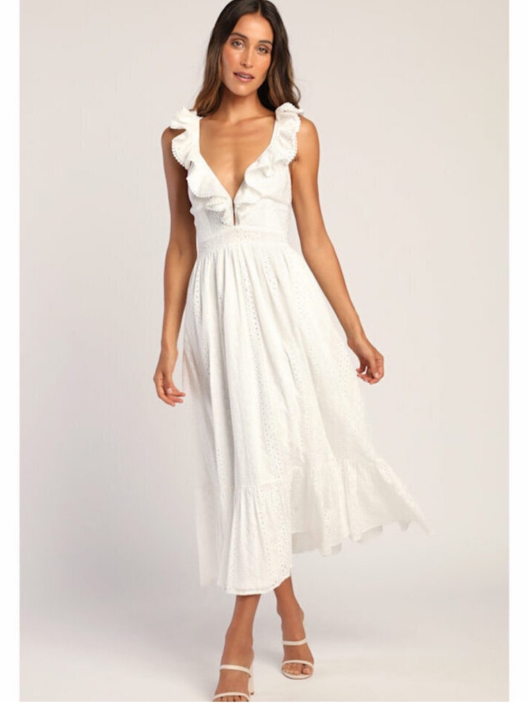 Lulu's White Ruffle V-Neck Eyelet Midi Sundress